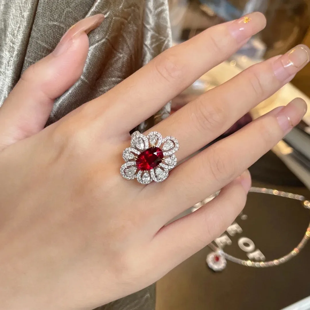 New Bright Luxurious Floral Ring Women's Red White AAA Zircon Wedding Engagement Anniversary Jewelry D933 Adjustable Size