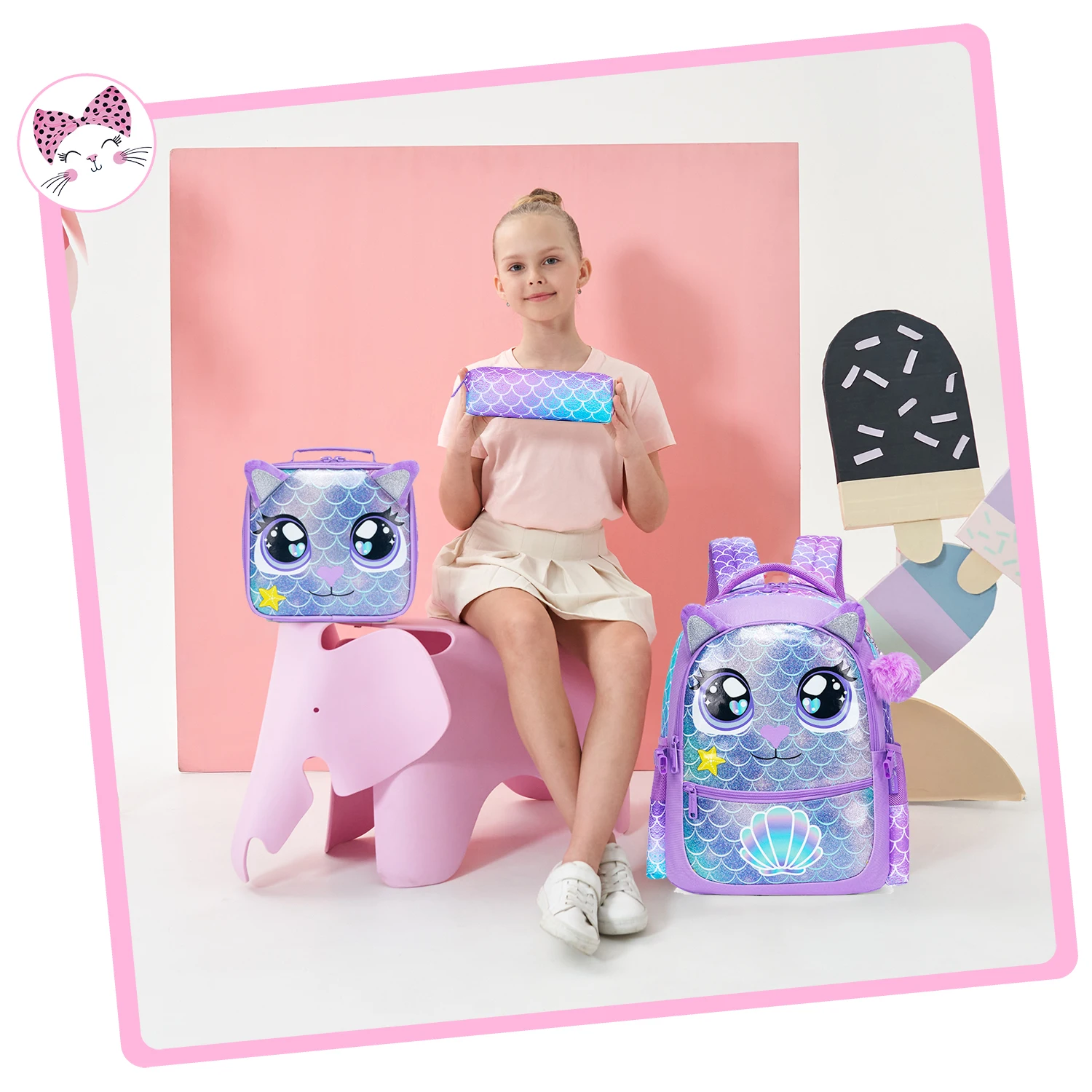 Cute Animal Backpacks for Girls School Backpacks with Lunch Box Pencil Case for Elementary Preschool Students Girls Backpack