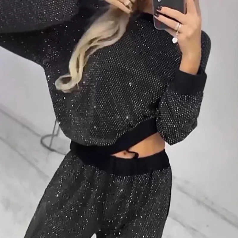 2025 Sexy Sparkling Starlit Sky Women 2 Piece Set Outfit Fall O Neck Sweatshirt Pullover & Long Pant Sets Winter Leisure Suit