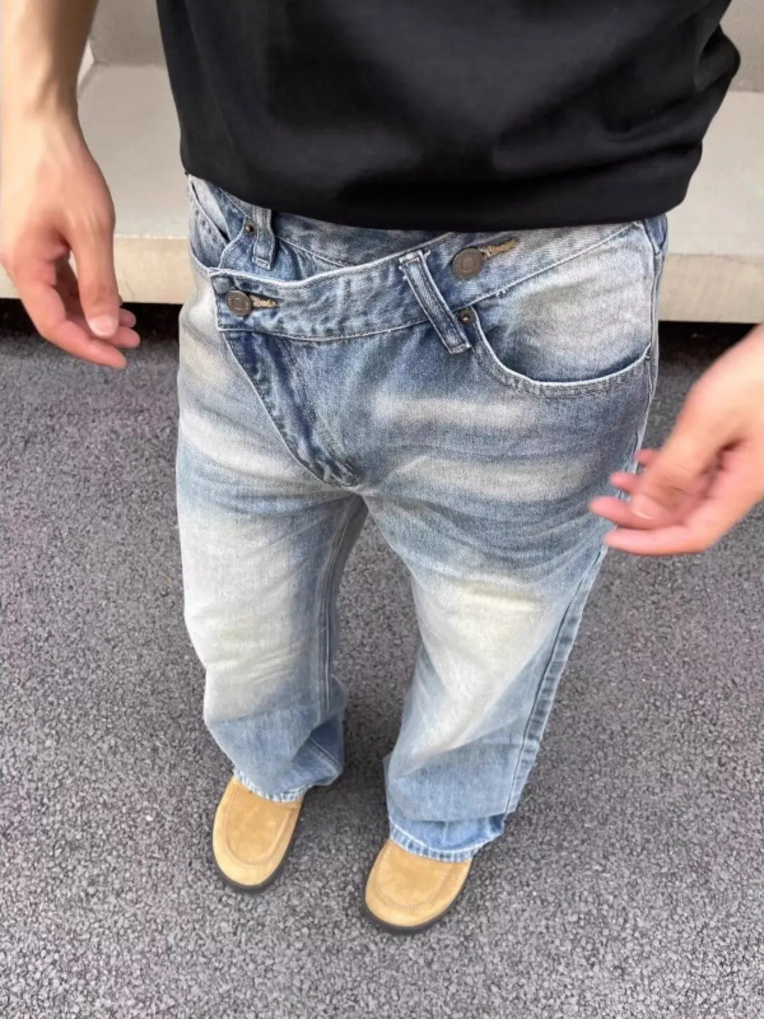 

American Sle Vintage Waed Jeans Men's Asymmetrical Button Design Loose Straight Leg Long Pants Casual Cotton Denim