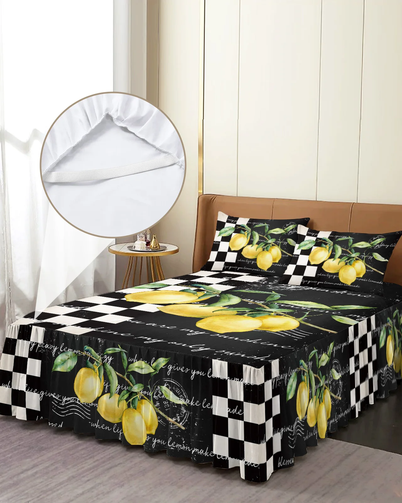 Vintage Farm Fruit Lemon Plaid Black Bed Skirt Elastic Fitted Bedspread With Pillowcases Mattress Cover Bedding Set Bed Sheet