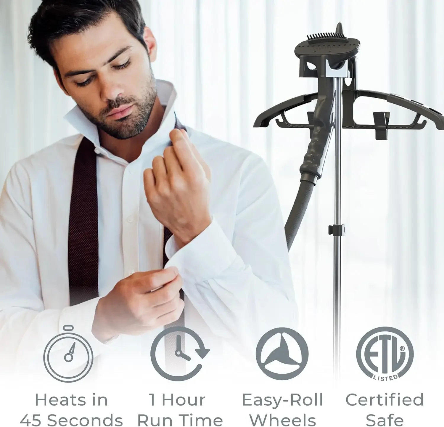 Постоянный отпариватель для ткани — профессиональный нагрев для удаления морщин по 45 секунд, 1 час, легко вращающиеся колеса, вешалка для одежды, щетка для ткани