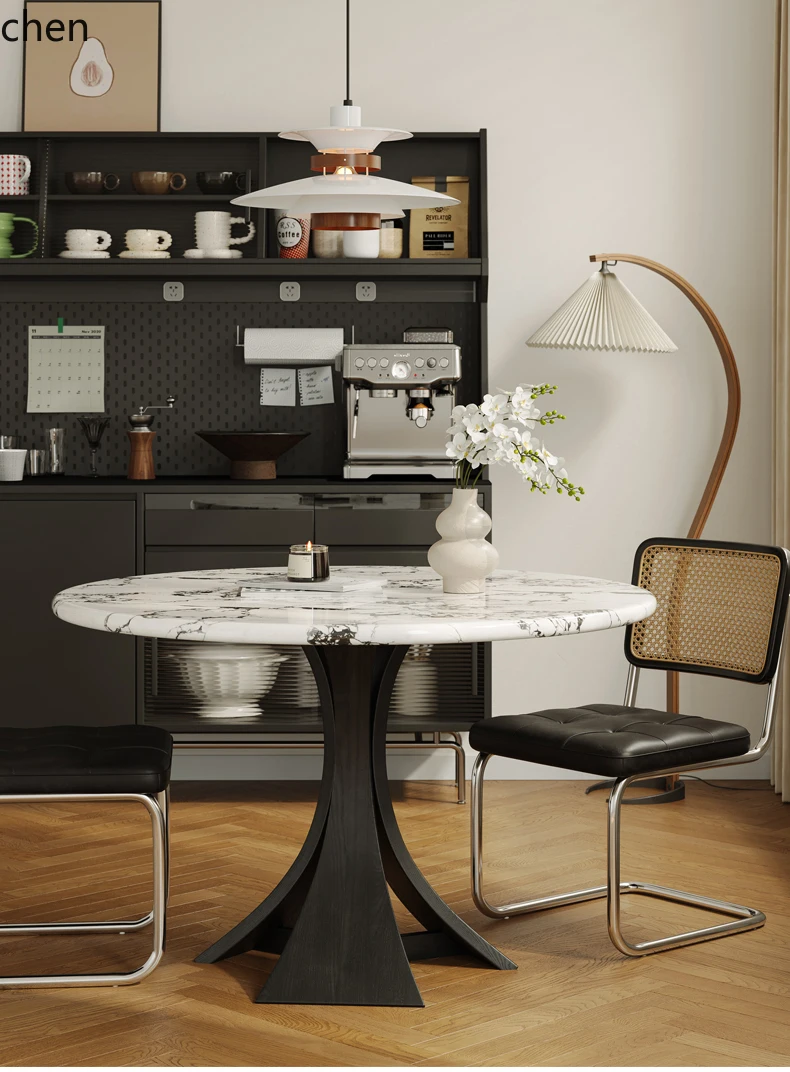 

HXL marble dining table small apartment living room cream wind round medieval solid wood home