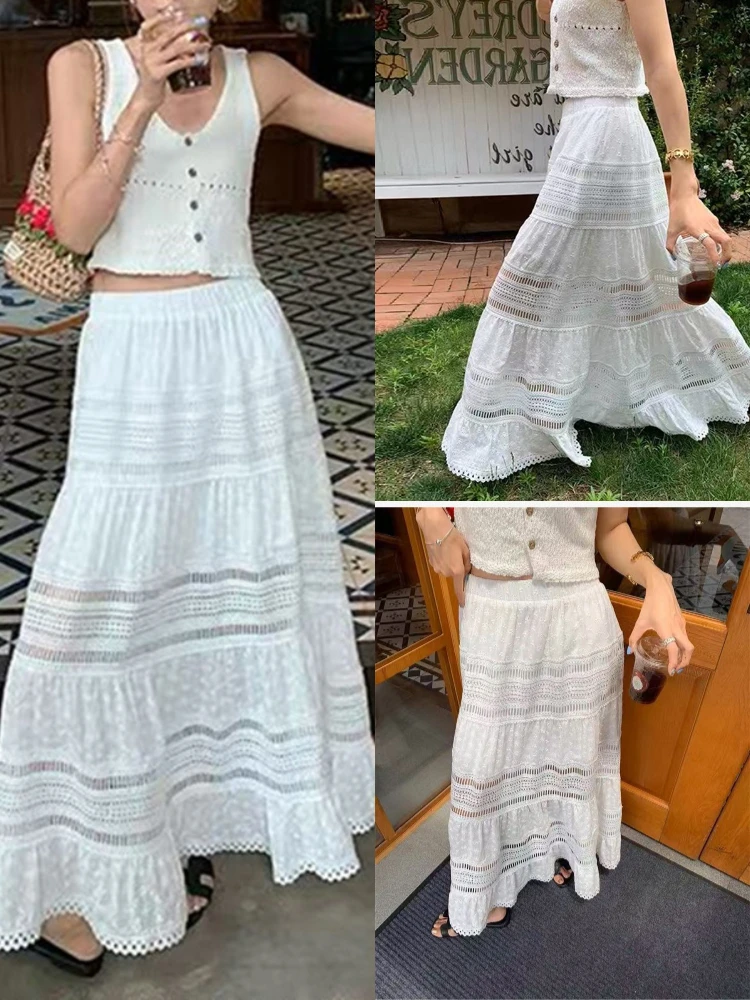 

Длинная кружевная ажурная юбка трапециевидной формы с высокой талией Sweet Sle Dongdaemun Fre Sle 2022, летняя повседневная одежда на внутренней подкладке