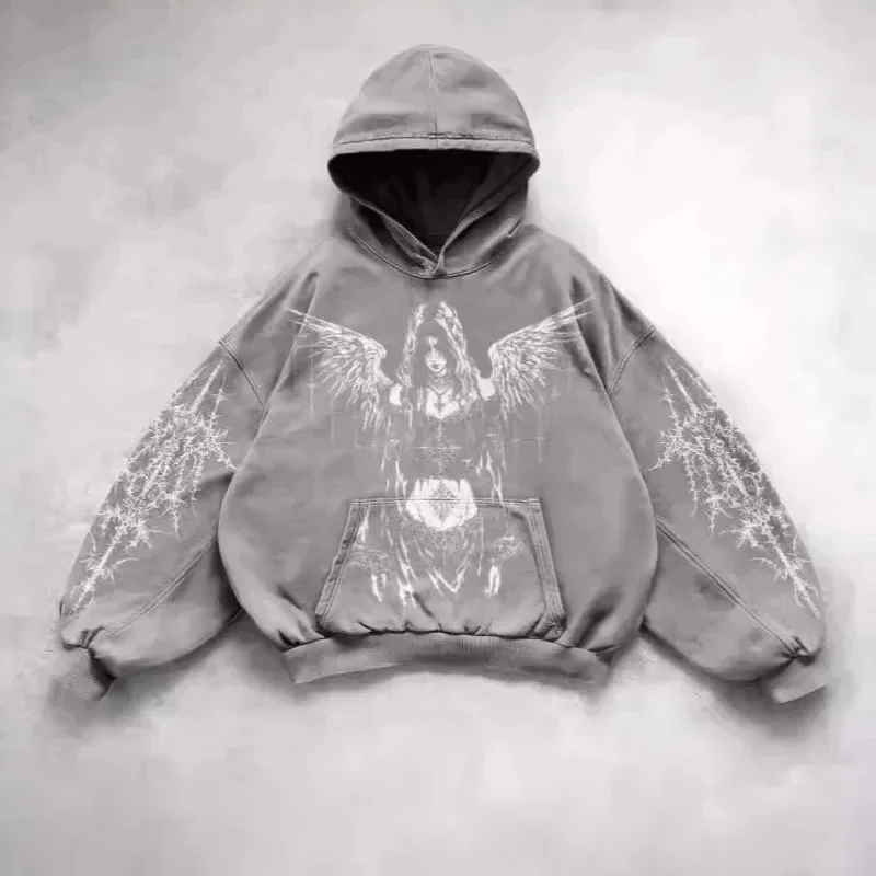 Hip Hop Gothic Y2K Sweatshirt Streetwear Sports European And American Autumn Winter Plush Hooded Printed Fashionable Top New