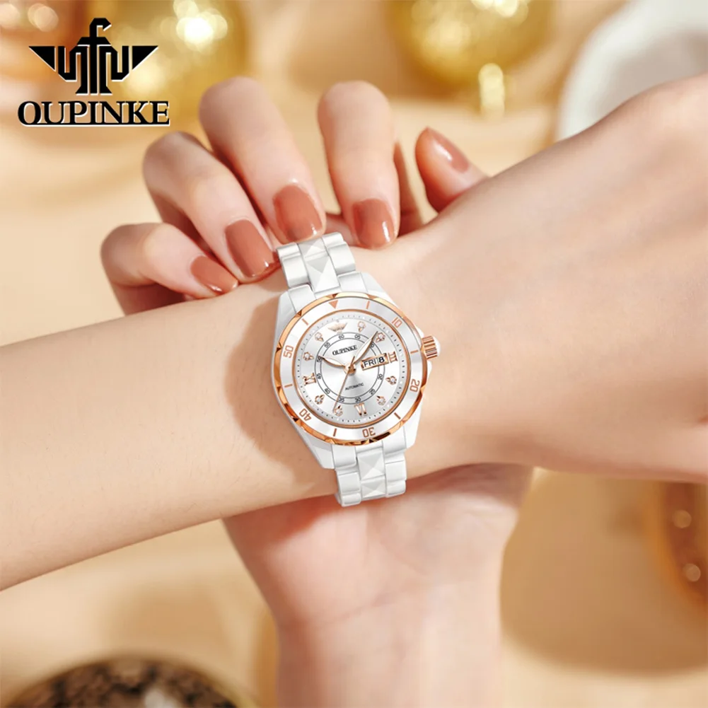 OUPINKE 3301 Women Watch Automatic Movement Ceramic Strap Luxury Diamond Dial Mechanical Ladies' Watch