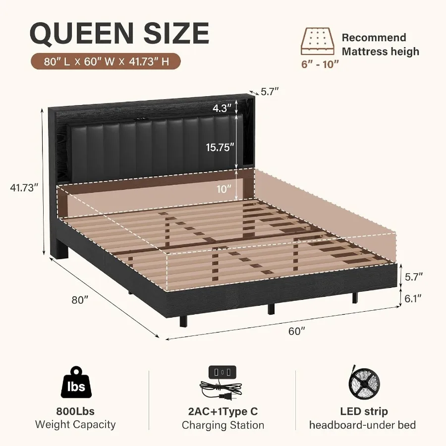 Floating LED Bed Frame For Modern Bedroom, Engineered Wood In Black With Built-In Storage And Soft Glow Lighting