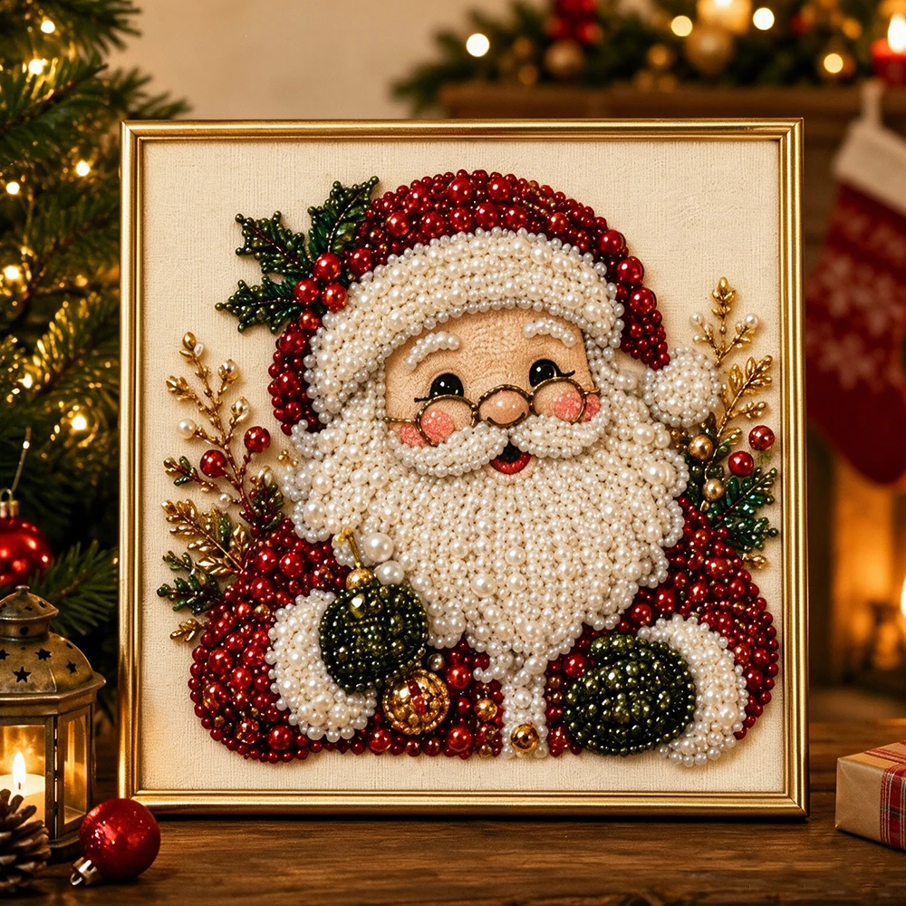 Embroidery Xmas Kits - クリスマスビーズ絵画フレームDIYクラフトキット、3Dパールビーズ刺繍アート、クリスマス家の壁飾りホリデーハンドメイドギフト