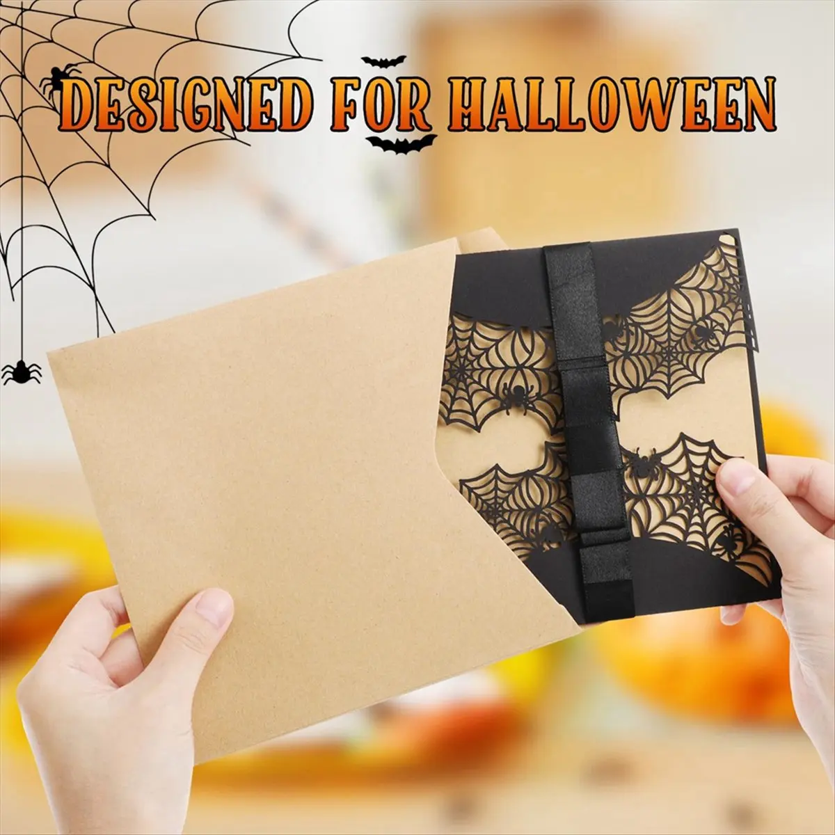 ABFW 10Pcs Halloween Invitations Card Hollow Horror Party Invitations Cards Spiderweb Design Cards with Bowknots (Black)