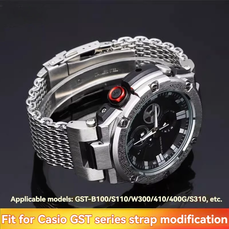 

For Casio Steel Heart Notch Stainless Steel Strap GST B100 GST-B100/1110/W300/S310 Modified Cool Shark Mesh Steel Watch Chain