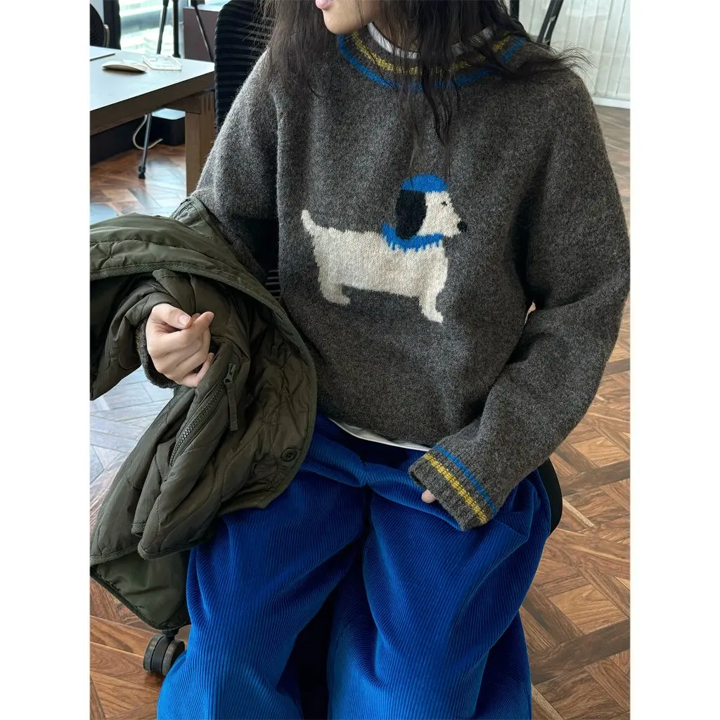 LOFU-suéter de lana de estilo coreano para mujer, Top holgado suave y cómodo con patrón de cachorro reductor de edad para invierno