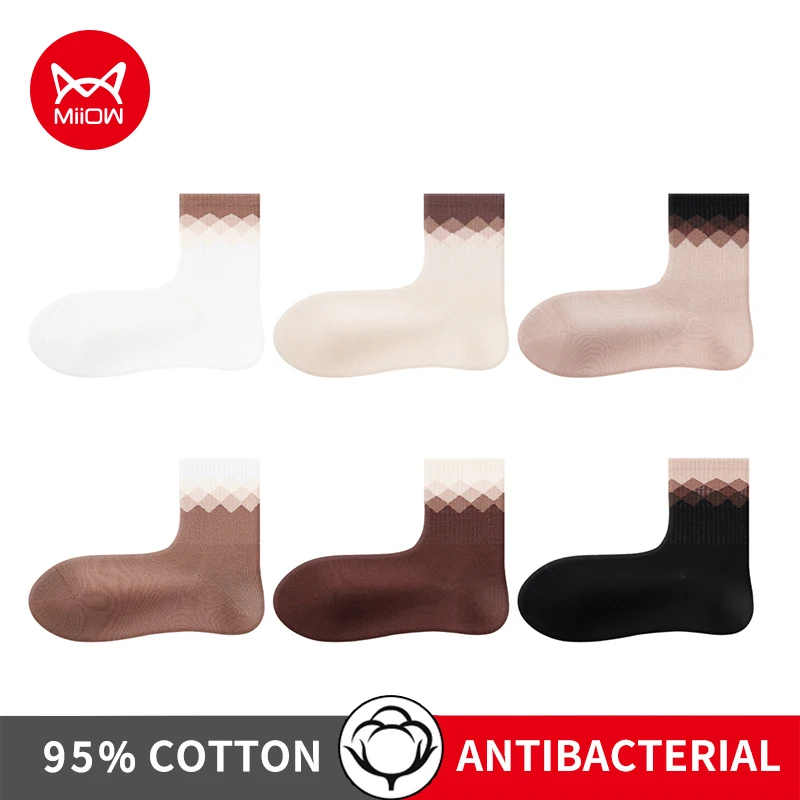 MiiOW 5 Pairs Socks Women's Cotton Brown Checkered Autumn Spring Soft Comfort Sock Breathable Antibacterial Woman Middle Socks