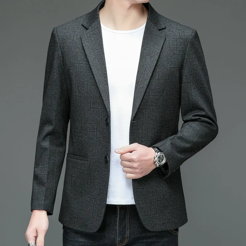 

2024 Spring Autumn Men Gray Blazers Smart Casual Shadow Plaid Pattern Suit Jacket Male Elegant Outfits For All Occasion Clothes