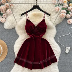 Sexy Backless High Waist Velvet Slip Dress Casual A-line Dress Summer Beach Vestidos Women Evening Party Dress