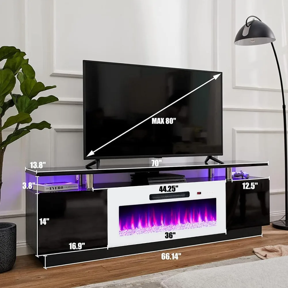 Armário de TV com lareira de 36 polegadas, luzes LED modernas para centro de entretenimento de lareira de 70 polegadas, armário de console de TV