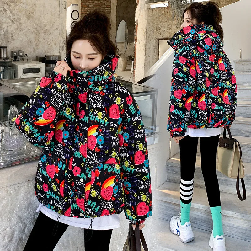 Giacca corta da pane, piumino di cotone, giacca di cotone, giacca di cotone autunnale e invernale allentata coreana stampata da donna, nuovo stile