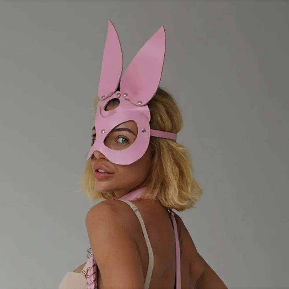 Bunny Mask Rabbit Ears Half Mask for Women Pink PU Leather Cosplay Costume Party Masquerade Halloween Bar Games view 2