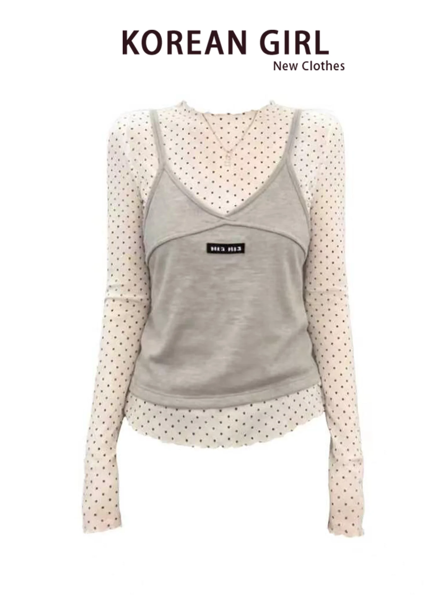 Fall Fashion Korean Polka Dot Ruffle  Base Shirt T-Shirt Layered V-Neck Strap Vest Two-Piece Set Women's Top