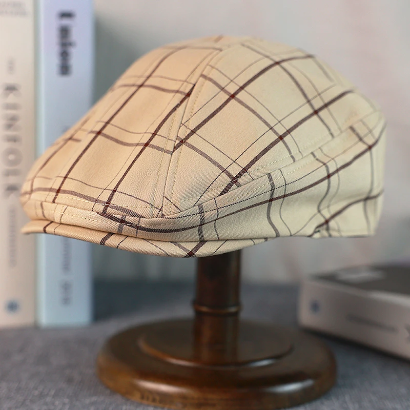 Newsboy Hat Men Beige Plaid Cotton Flat Caps Women Men British Painters Hat Soft Spring Summer Autumn Berets Octagonal Cap A-39