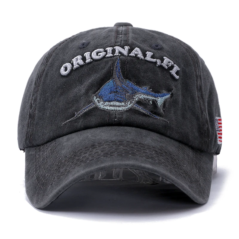 

Embroidery Washed Cotton Shark Dad Hat for Men Vintage Baseball Cap Hip Hop Curved Fishing Cap Summer Fish Snapback Women Hat