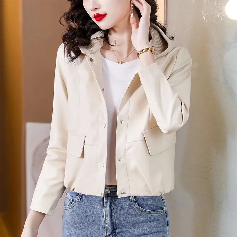 Fashionable Hooded PU Leather Jacket Women's Short Leather Coat 2023 Autumn New Korean Trend Motorcycle Wear Leather Overcoat