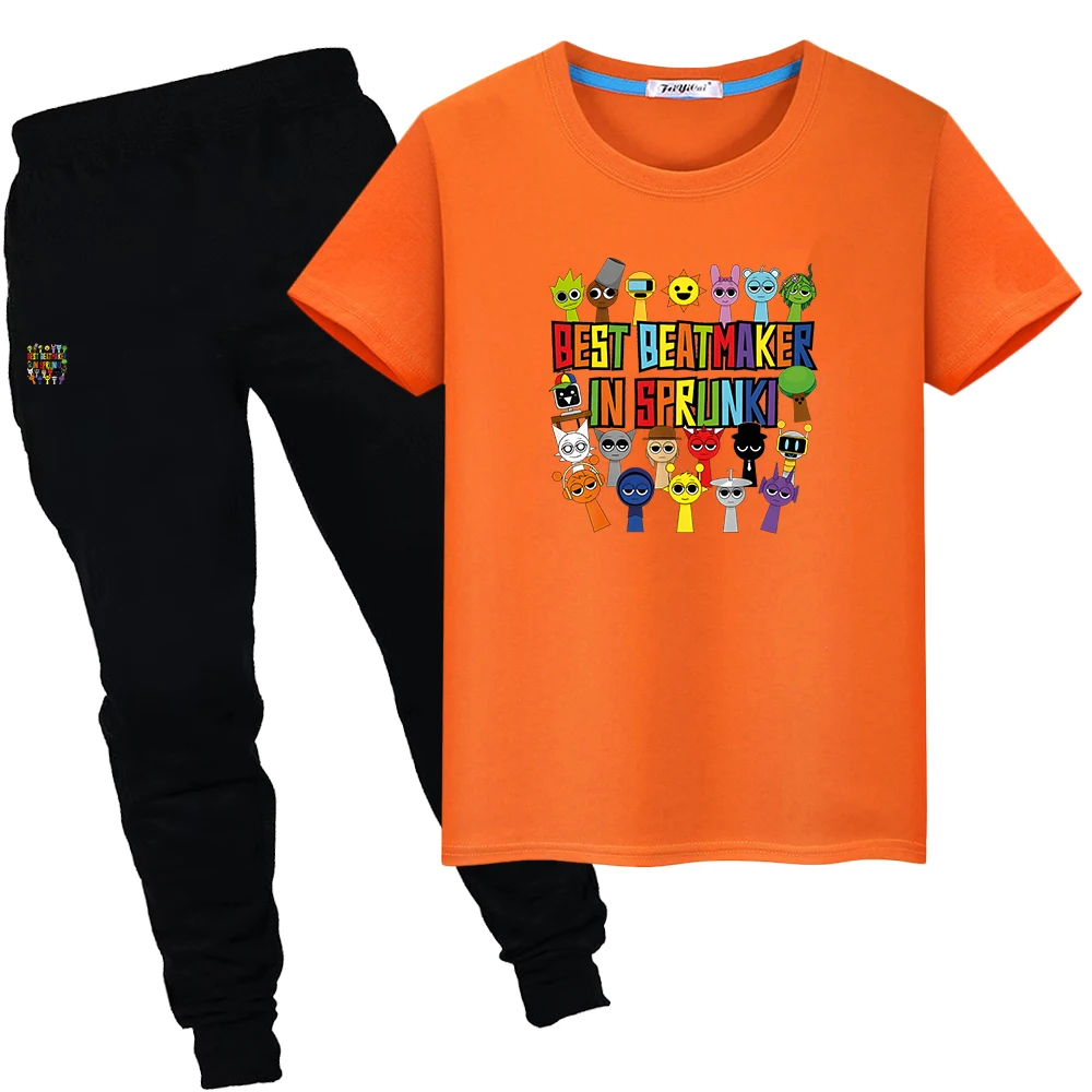 

Sprunki Print 100%Cotton Anime T-shirt boys girl Sport Sets Cartoon 2pcs Short+pant Cute suit Children clothes kids holiday gift