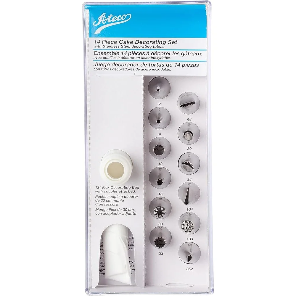 Conjunto de decoração de bolo de aço inoxidável, 14 peças, com saco flexível, pontas de acoplador, caixa de armazenamento de receitas, decoração de pastelaria