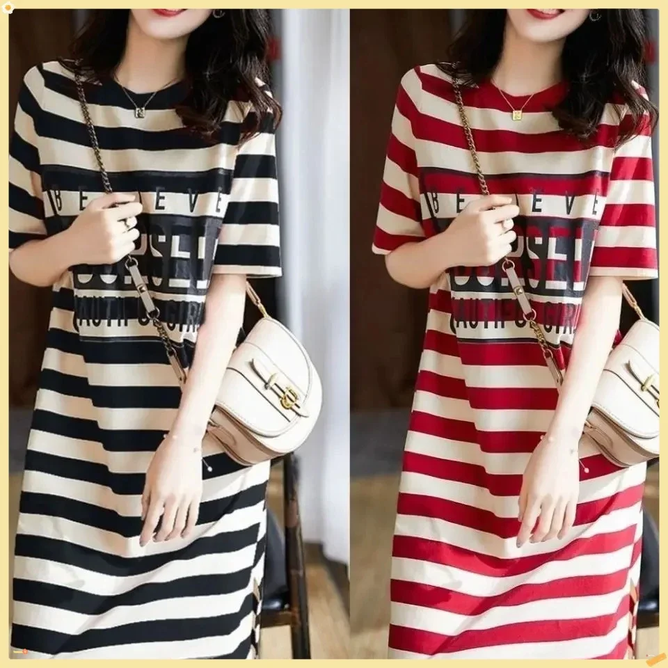 

Summer Stripe Symphony Dress! 2025 Korean Medium-Long T-shirt Skirt, Loose Print for Street Style & Vacation Chic