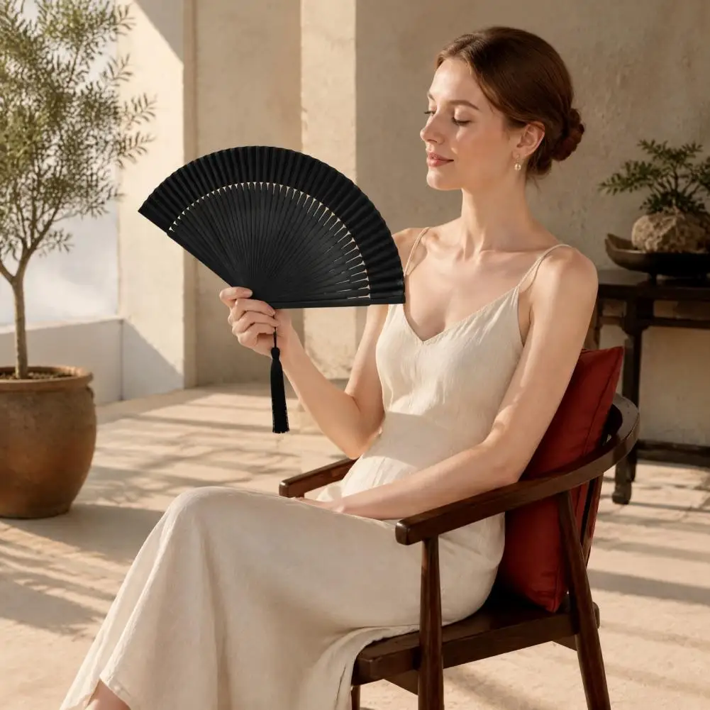 Chinese Style Bamboo Folding Fan, Tassel Handheld Cooling Fan For Hanfu Costume Dance Show