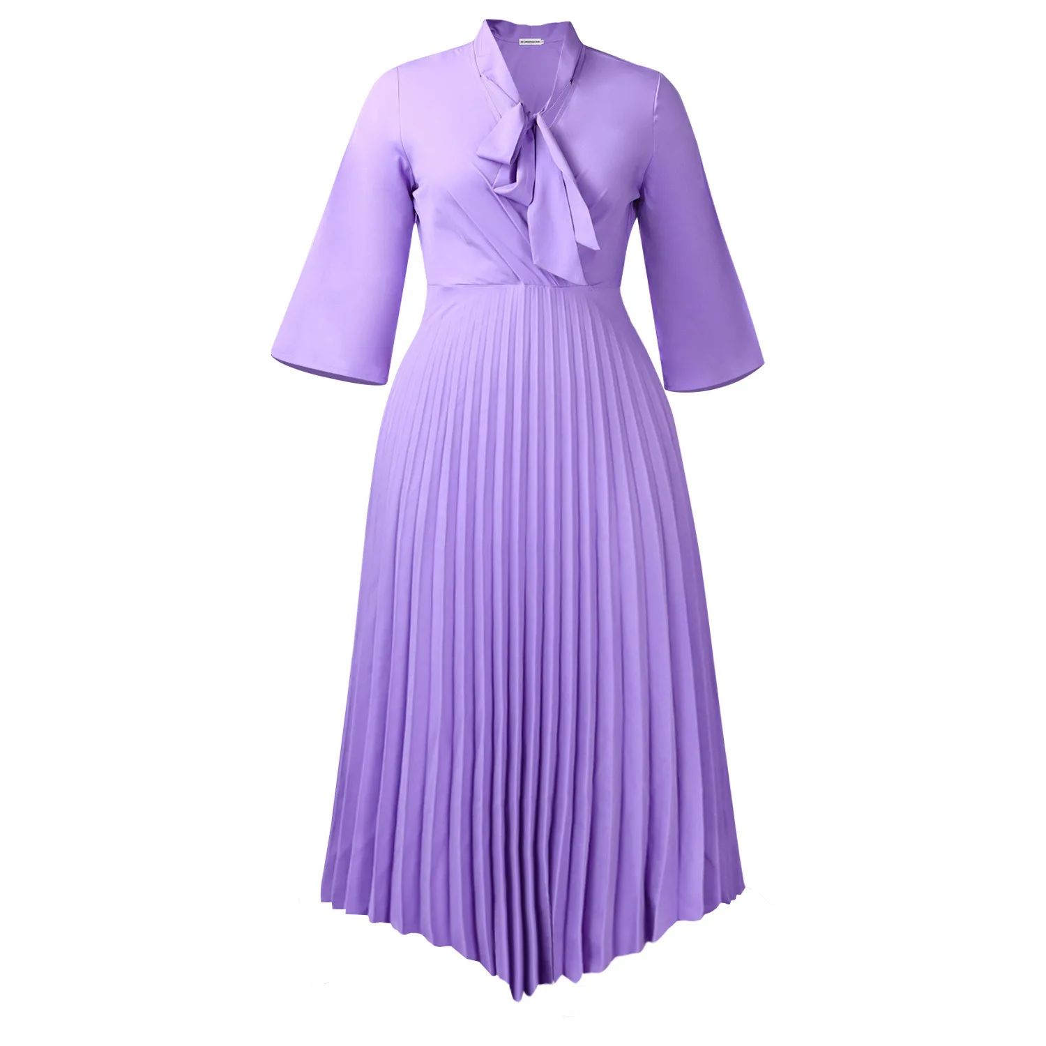 

Elegant Fashion Pleated Asymmetrical Midi Dress C8639 with Belt Seven Sleeve Midi Dress Polyester Spandex Commute Style
