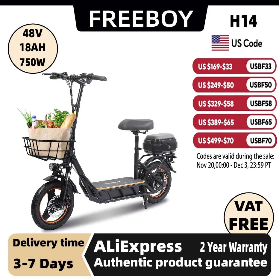 

FREEBOY H14 Adult Electric Scooter 750W Motor 48V 18AH Folding E-Scooter 14 Tire city eScooter
