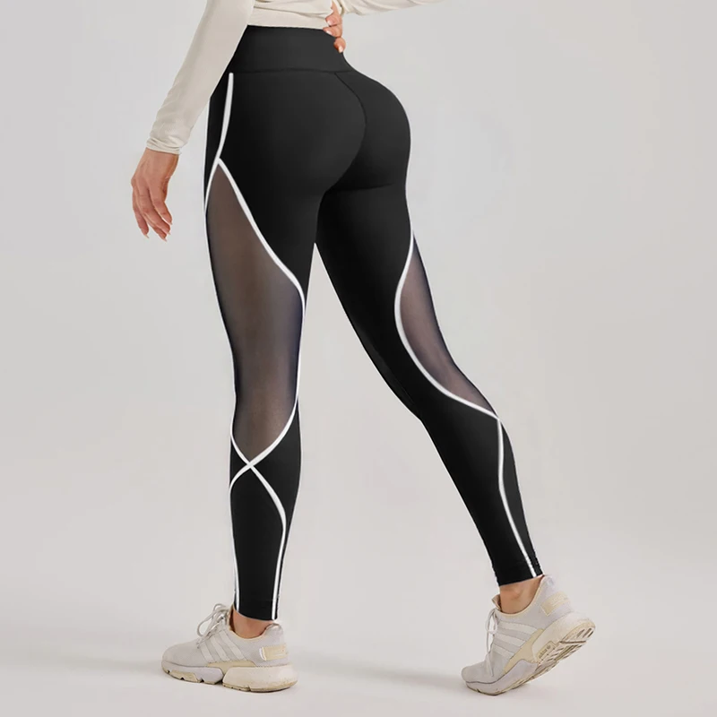 leggings per il sollevamento dell'anca da yoga da palestra in rete color block da donna, pantaloni sportivi a vita alta con leggings da esercizio con elastico in vita