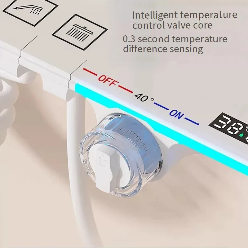 Ensemble de système de douche thermostatique à affichage numérique intelligent, clé de piano, lumière ambiante, pommeau de douche gris, blanc, salle de bain