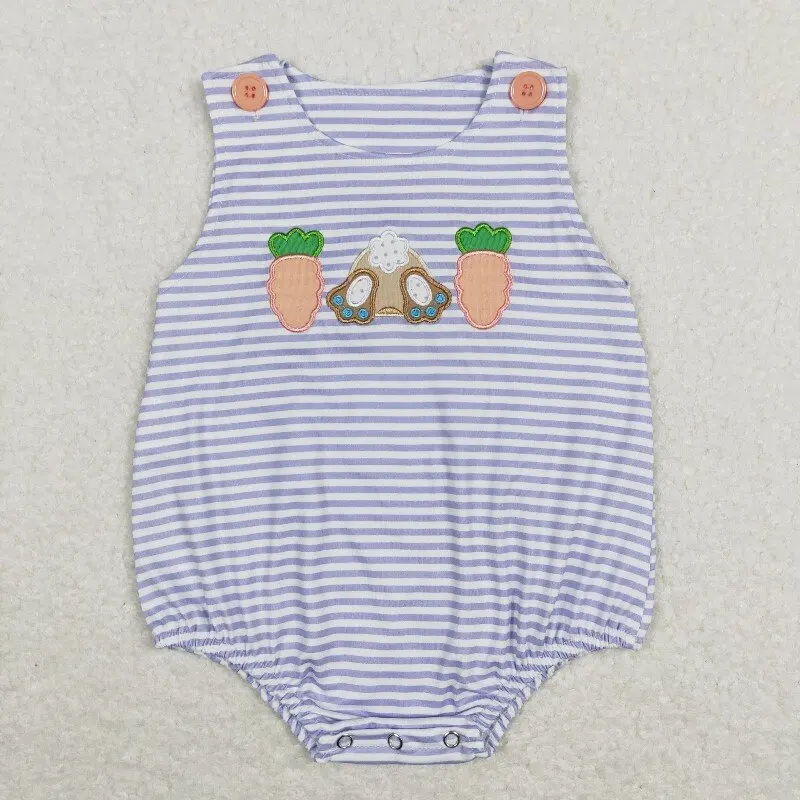 New rts baby  toddler boys Easter romper wholesale boutique embroidery bunny carrot pattern striped boys romper