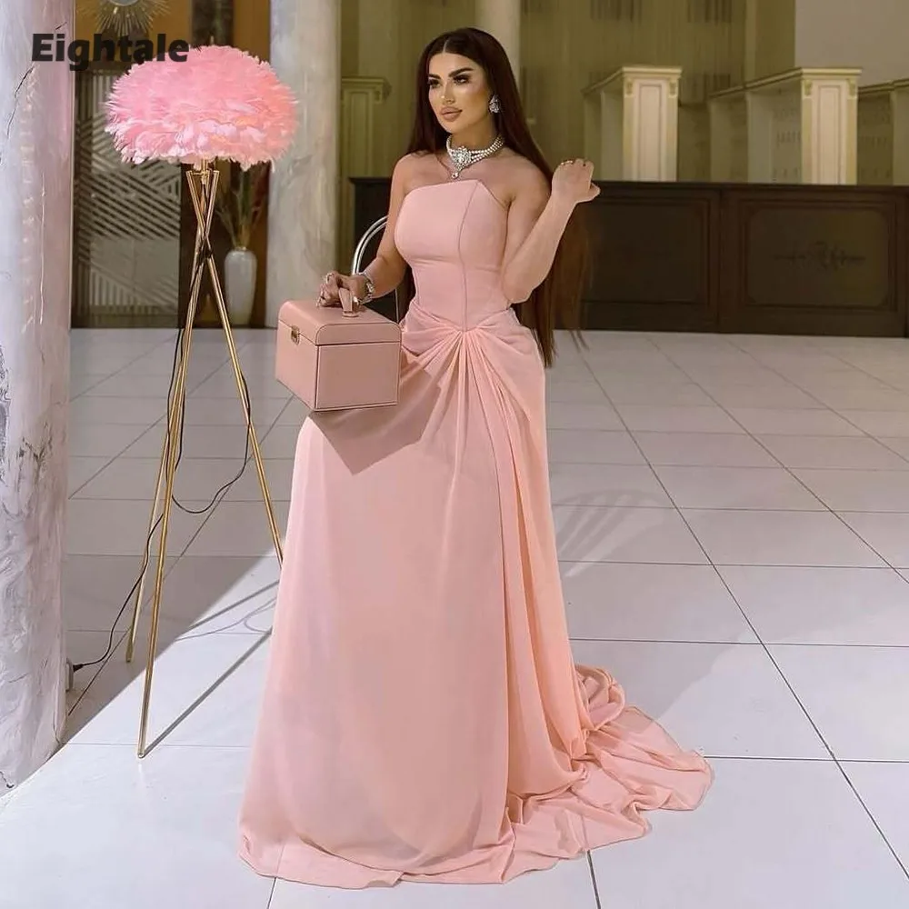 

Eightale Arabic Evening Dress Strapless Pleats Customized Pink Chiffon Mermaid Prom Wedding Party Gown Abendkleider