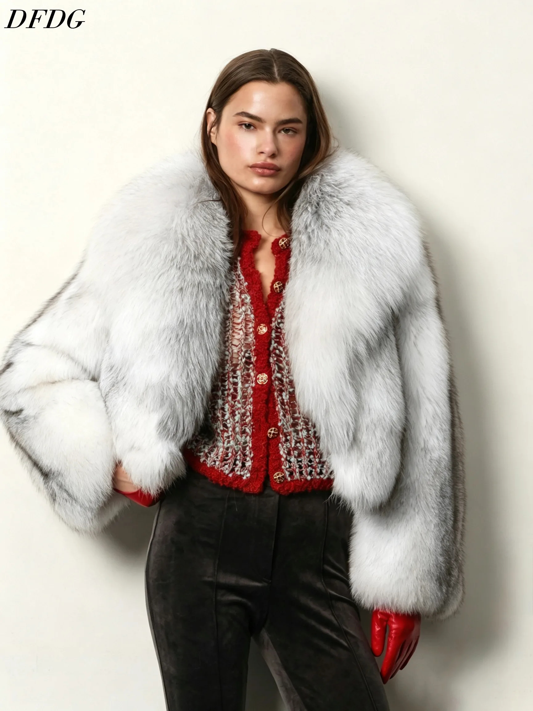 DFDG Women 2026 Faux Fur Short Coat Large Lapel Collar Loose Oversized Fluffy Plush Luxury Winter Party Outerwear Fur