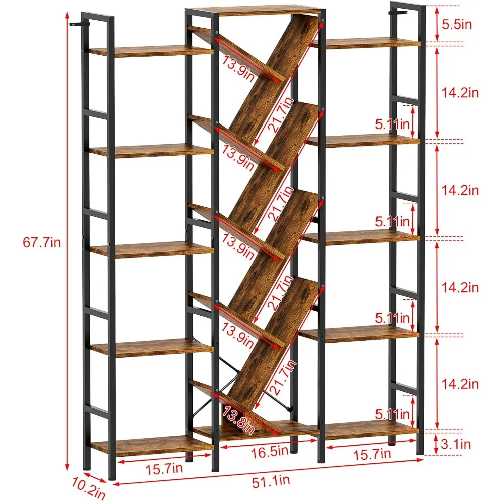 رف كتب خشبي كبير على الطراز الصناعي مع 19 رفًا مفتوحًا، وحدة عرض طويلة تشبه شجرة لمساحات المعيشة