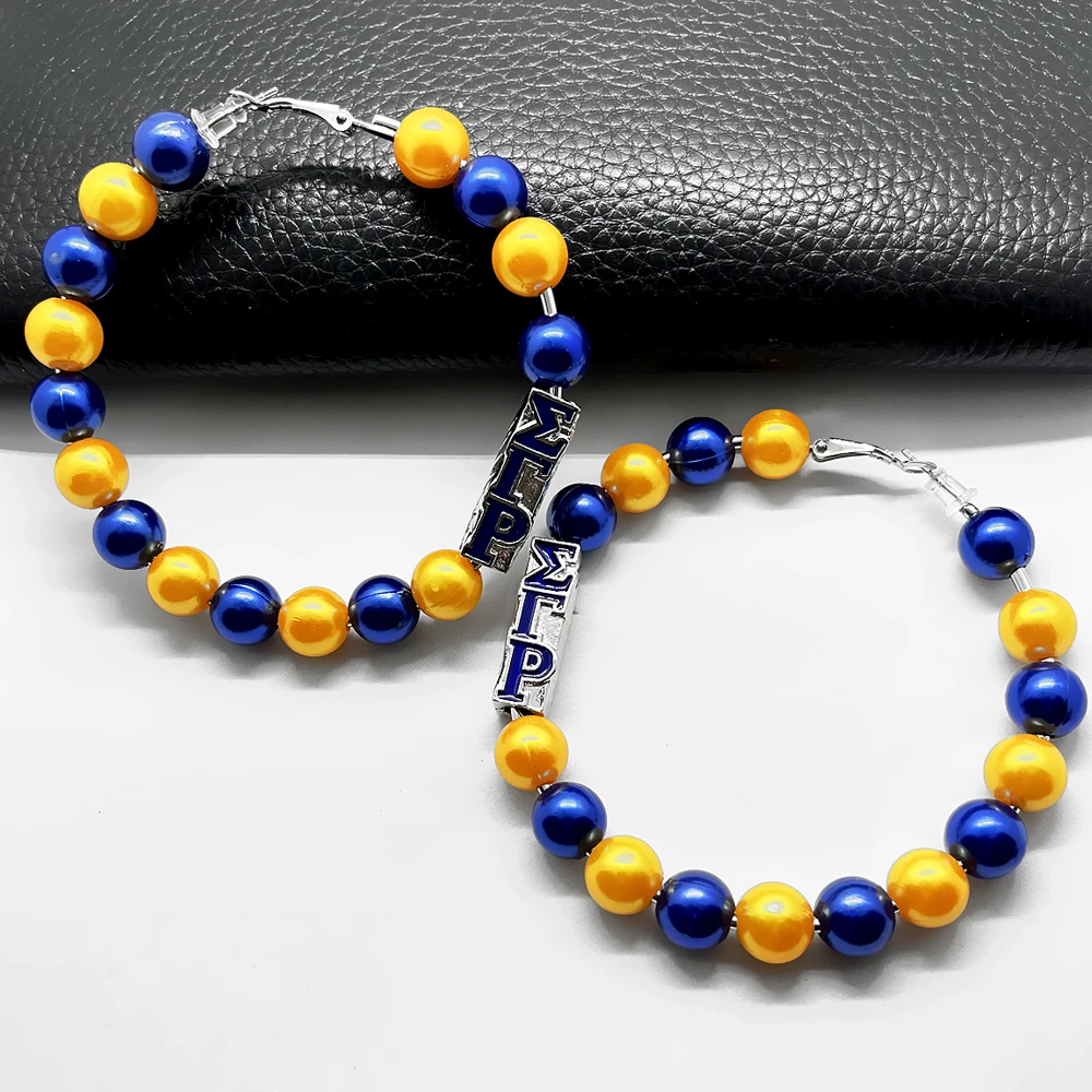 مجوهرات نسائية عصرية صناعة يدوية سيجما غاما RHO مجتمع رسالة لؤلؤ خرزة سلكية أقراط أذن دائرية #4