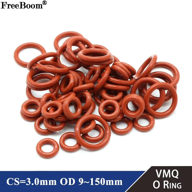 10Pcs Food Grade VMQ O Ring Gasket CS 3mm OD 9 ~ 150mm Waterproof Washer Round O Shape Rubber Silicone Ring Red