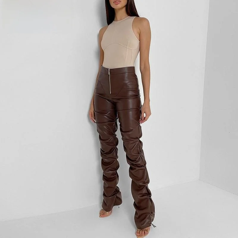 

High Waist Faux PU Leather Pleated Bla Women's Staed Pants Flared Casual Trousers Mid-Low Waist Zipper Closure Loose Fit