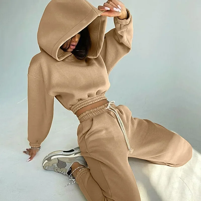 

Two Pieces Set Women Hooded Tracksuit Sports Sweatshirts Streetwear Drawstring Jogger Pants Suit Trousers 2025 Autumn Outfits