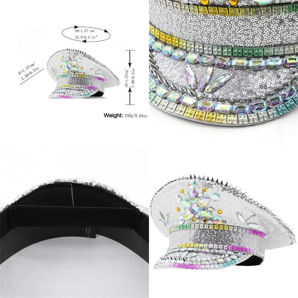 

652F Rhinestone Navy Hat for Lady Wedding Bride Glittering Sergeant Hat Novelty Birthday Party Hat Captain Hat for Night Club
