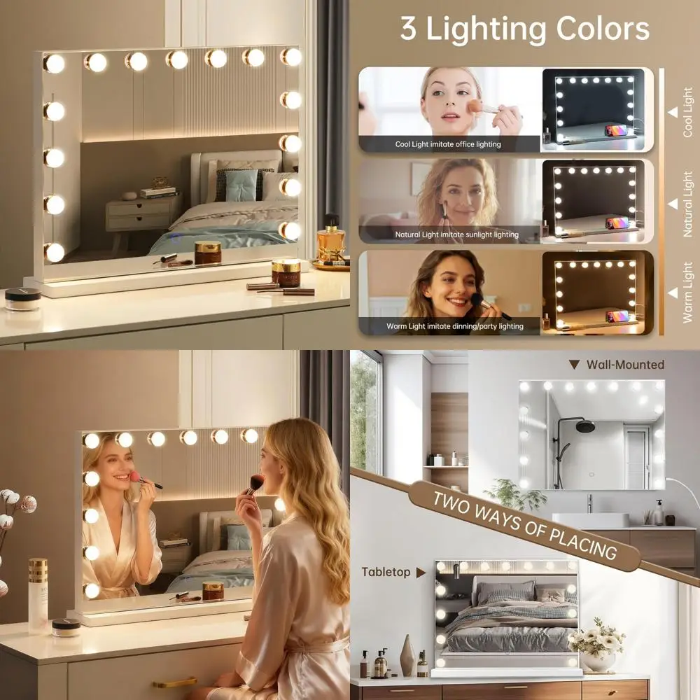 

LED Lighted Makeup Mirror, 23x18 Inch Desk or Wall Mount Vanity Mirror with 15 Bulbs, 3 Lighting Modes for Enhanced Color Accura