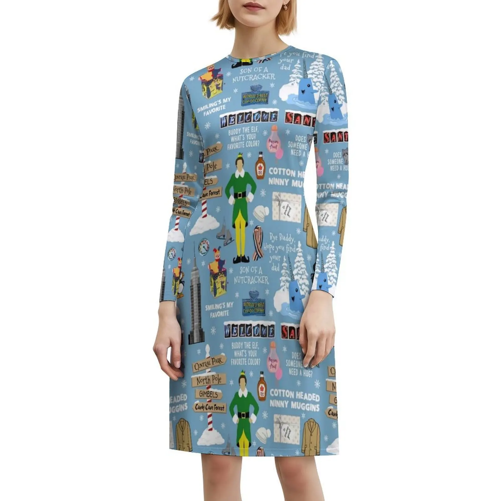 فستان بوهيمي بدون أكمام بخلفية زرقاء من Buddy The Elf للنساء مطبوع عليه فساتين حفلات الشاطئ Elf Buddy The Elf Elf Movie #6