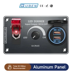 Toggle Switch Multi-Functions Aluminum Panel LED Dimmer Switch 12V 24V for RV Dual Port USB QC3.0 for Yacht Travel Trailers