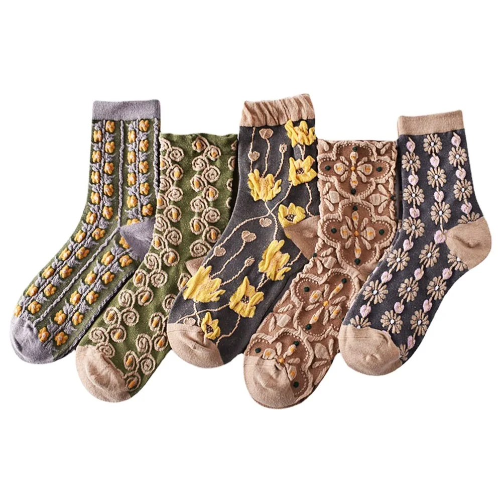 

5 Pack Cute Womens Floral Socks, Vintage Embroidered Frilly Floral Socks, Kawaii Girly Ankle Cotton Cottagecore Socks