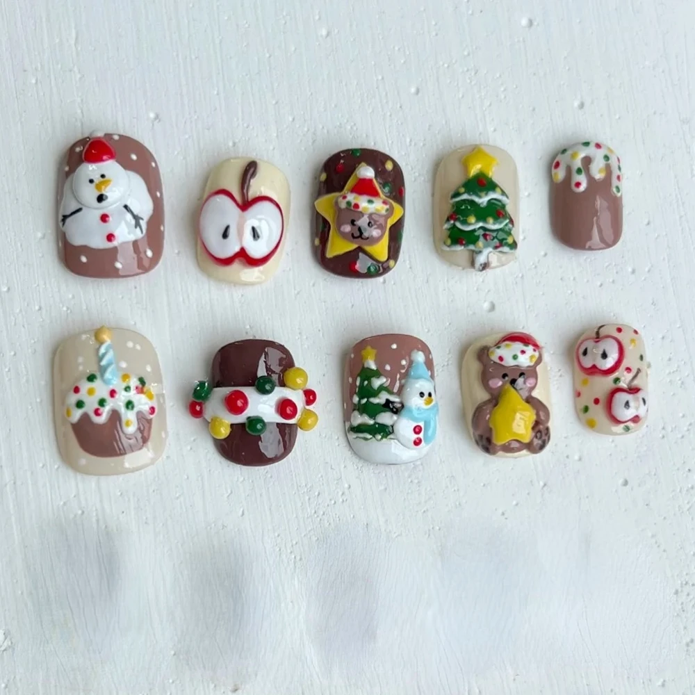 10 Pcs Handmade Press On Nails 2024 Christmas New Luxury Cute Kitty 3D Limited Short False Nails Design Art DIY Nails with Set