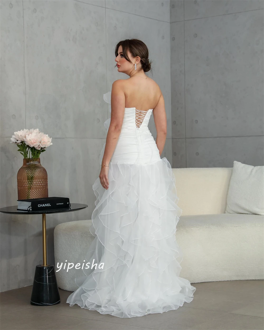 Customized Jiayigong  Organza Flower Draped Cocktail Party A-line Strapless Bespoke Occasion Gown