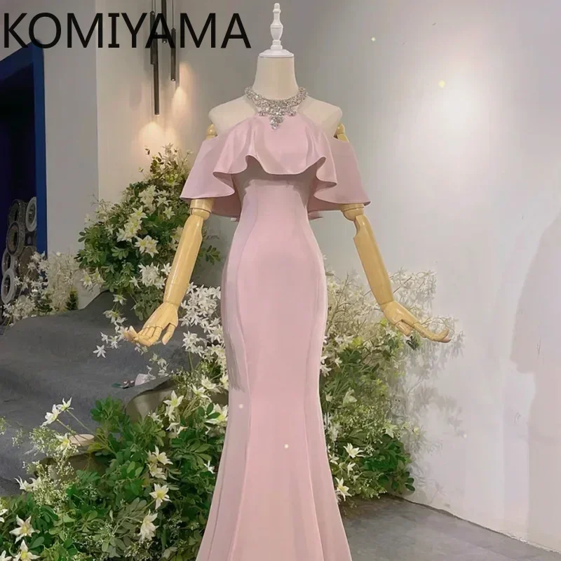 Customized O-neck Beading Design Simple Slim Waist Elegant Wedding Party Dresses Ruffles Shoulder Strapless Prom Dress Trumpet E