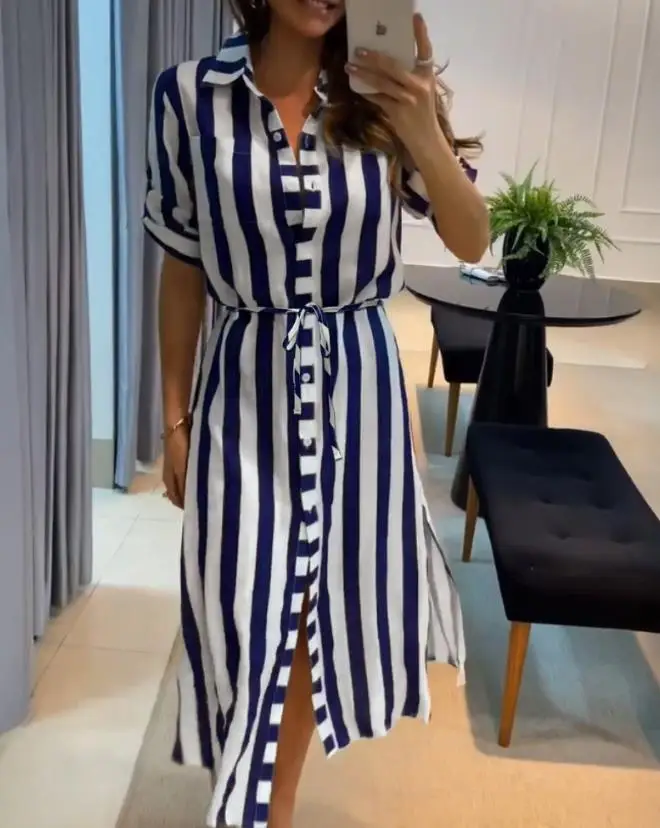 

Striped Turn-down Collar Short Sleeve Blouse Dress